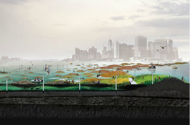 “Oyster-tecture” reefs proposed by Scape/Landscape Architecture for storm surge protection in NY harbor. Part of the Museum of Modern Art’s exhibition “Rising Currents” in 2010.