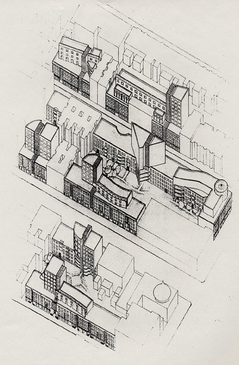 Competition Entry by David Bergman Architect for "Reweaving the Urban Fabric: Approaches to Infill Housing," 1985.